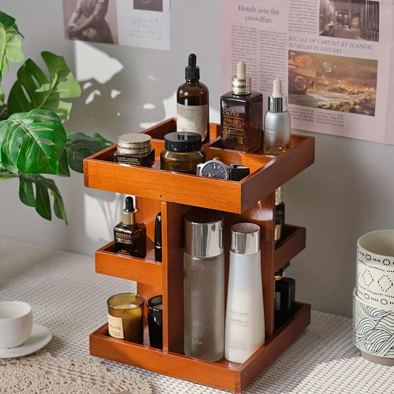Solid wood rotating retro blind box cabinet, wooden desktop storage box, lipstick and cosmetics rack shelf organizer 2