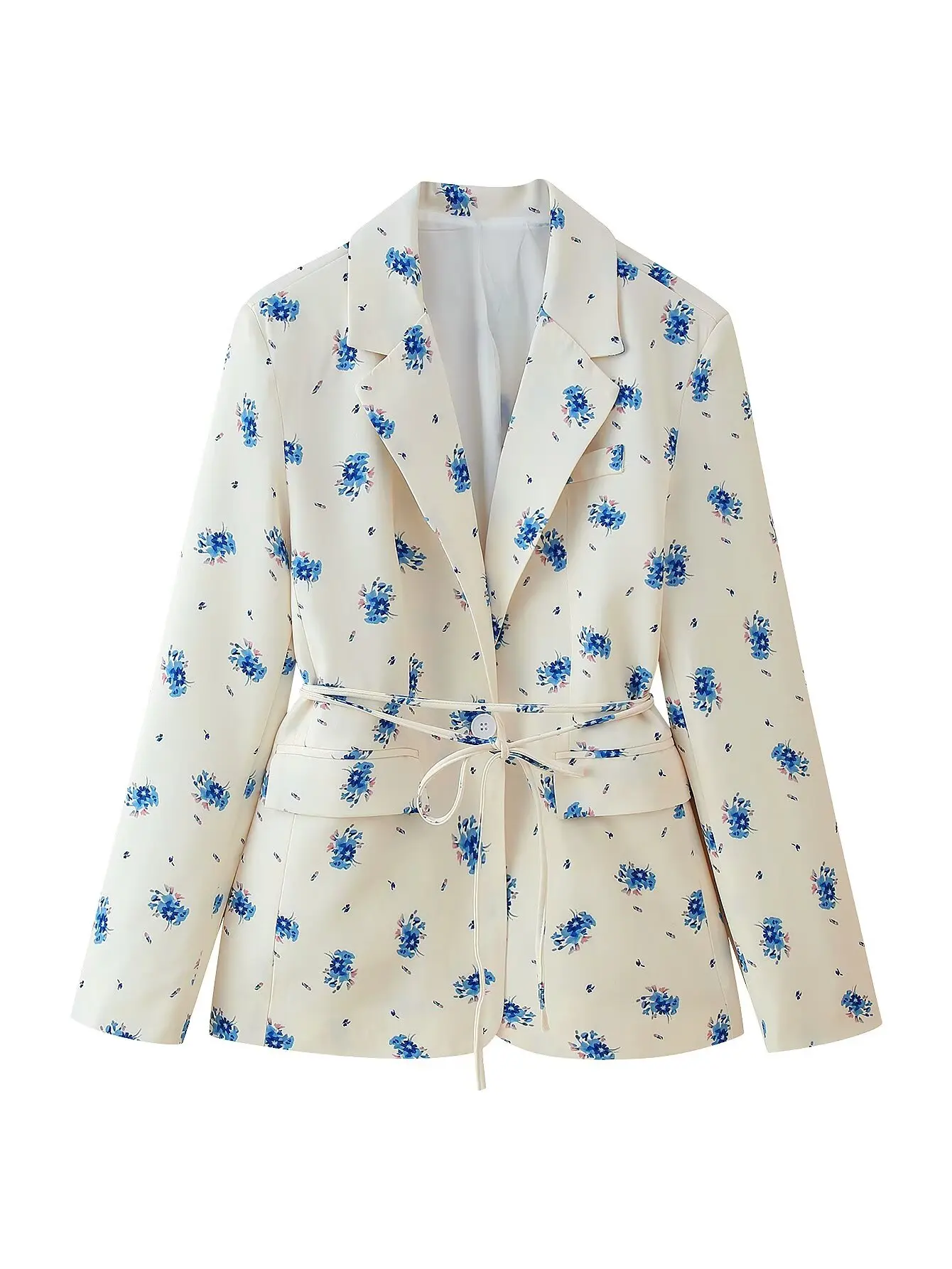 2025 Spring Autumn Lacing Up Bow Sashes Beige Floral Print Blazer Boyfriend Vintage Women Front Pockets Loose Suit Fashion Coat