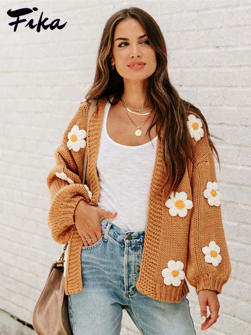 

2022 Autumn Winter Fashion Sweet 3d Flower V-neck Sweater Women Ins Style Long Sleeve Kintting Sweet Cute Coat Outwear