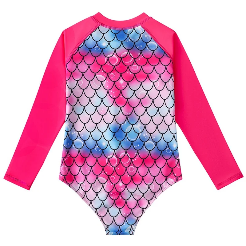 Kids Girls Rashguard Swimsuit UV 50+ Long Sleeve One Piece Swimwear Zip