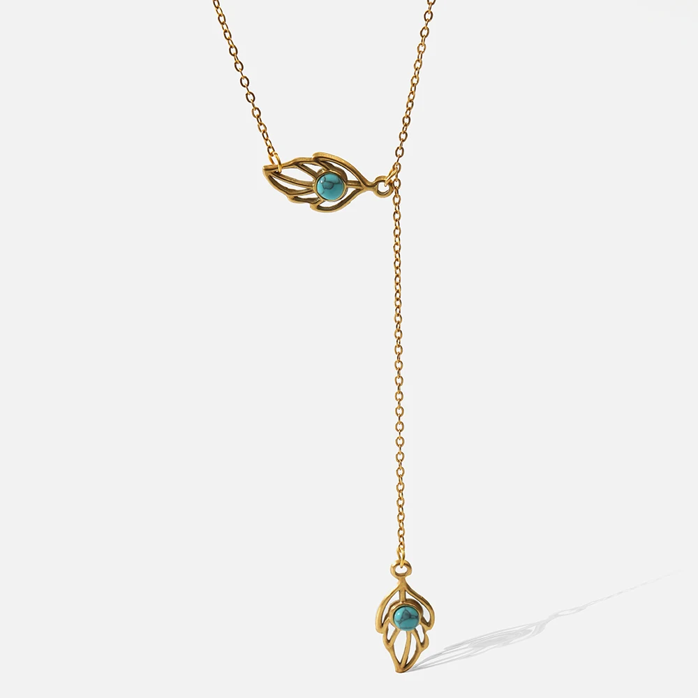

New Exquisite Double 18 K Gold Turquoise Leaf Pendant Necklace Stainless Steel Chain Pendant Fashion Ladies Party Jewelry Gifts