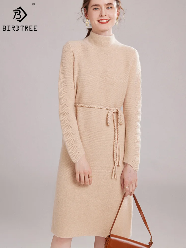 

Birdtree 35% Cashmere 65% Wool Knitt Elegant Soft Dresses Mock Neck Belted Basic Fashion Warm Sweater Dress Fall Winter D38096QM