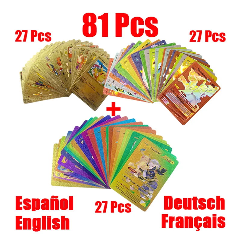 81Pcs Pokemon Francaise Carte D'Oro Tedesche Spagnolo Inglese Foil Gold Rainbow Cards Vmax Ex Gx Card Vmax Gx Game Card Giocattoli Per Bambini