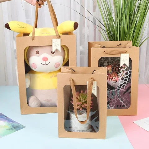 

Flower Paper Box with Window Gift Packaging Bags Transperent Paper Bag for Cookies Candy Christmas Party Cajas Para Flores