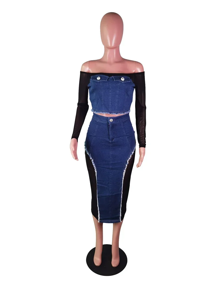 Wmstar Two Piece Set Women Skirts Sets Off Shoulder Top Sexy Denim Patchwork New in Fall Clothes Wholesale Dropshipping S-2XL