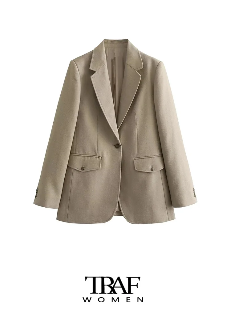 

TRAF-Front Button Office Wear Blazers for Women, Long Sleeve Coat, Flap Pockets, Female Outerwear, Chic Tops, Fashion