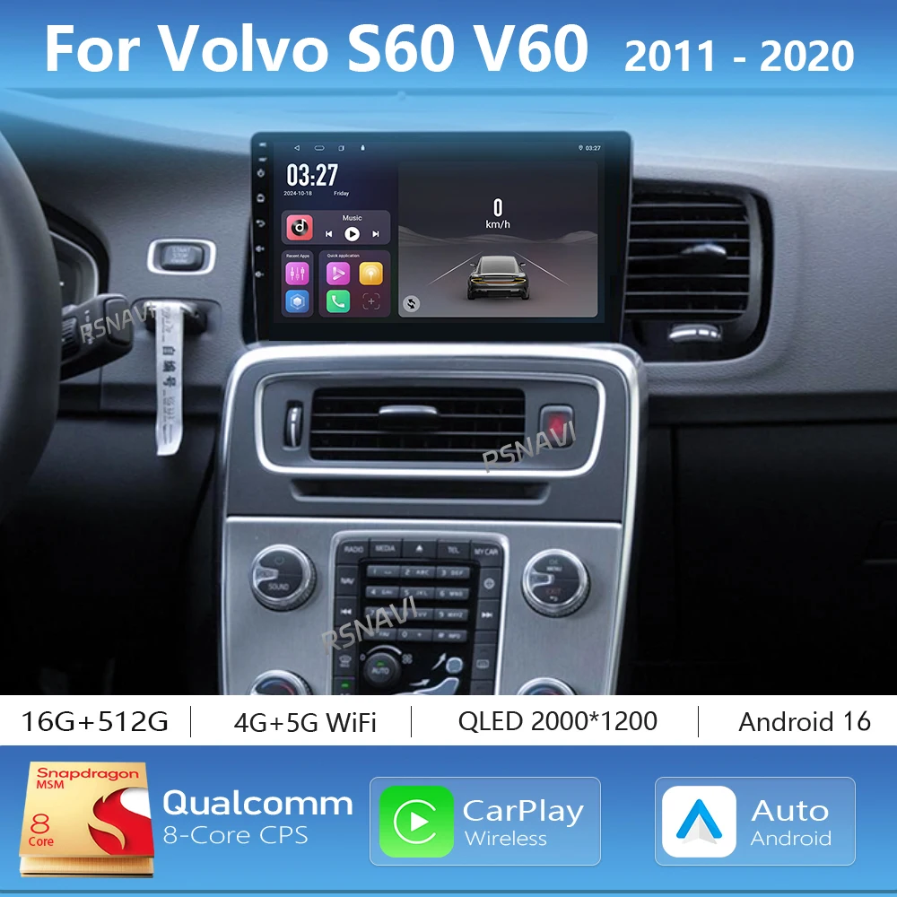 Radio Multimedia para Auto con Pantalla 2K y Android 16 Carplay para Volvo S60 V60 2011-2020, Unidad Principal 360 2Din, Autoradio Estéreo 1