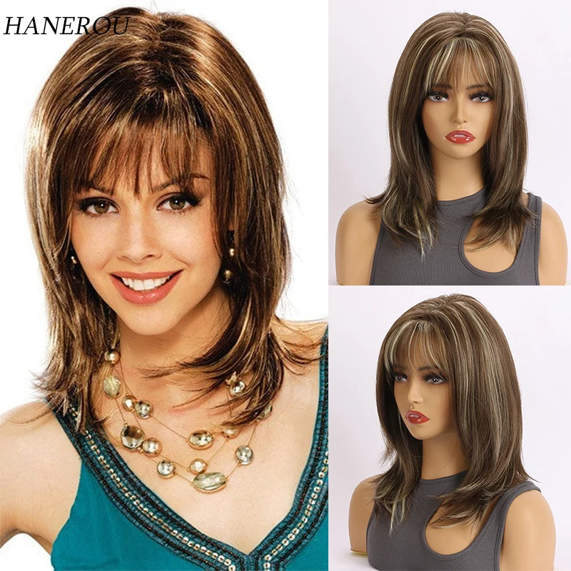 Long Brown Mixed Light Gold Synthetic Wigs for Women Straight Natural Wigs With Bangs Cosplay Wigs Heat Resistant