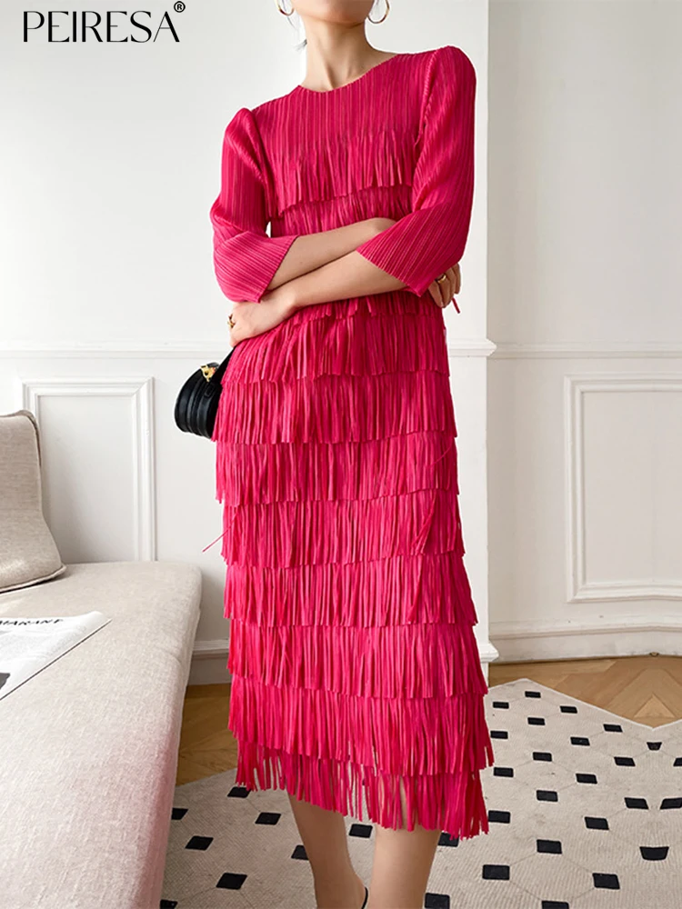 

PEIRESA Pleated Tassel Dresses For Women 2023 Spring Summer New O Neck Three Quarter Long Dress Fashion Luxury Womens Clothing