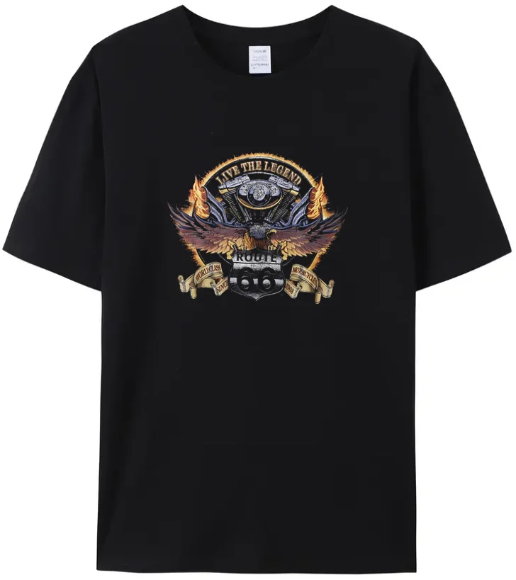

Retro famous mother road live the legend T-shirt men's letter flame engine print women classic Route 66 Harajuku pure cotton Tee