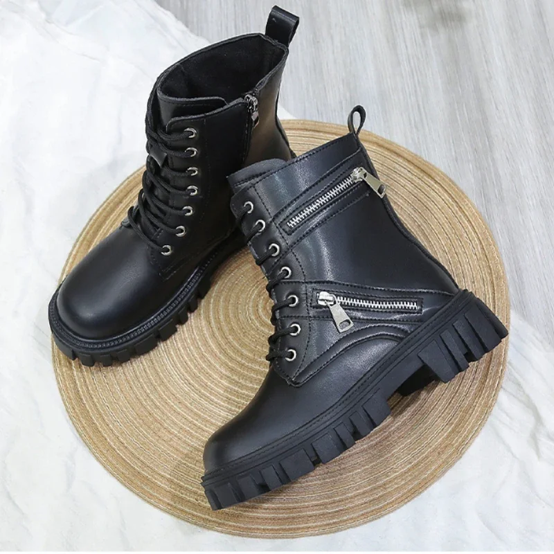 

Women's Luxury Pu Leather Combat Short Boots 2023 Autumn Winter Designer Brand Gothic Platform Shoes Lace Up Motorcycle Boots