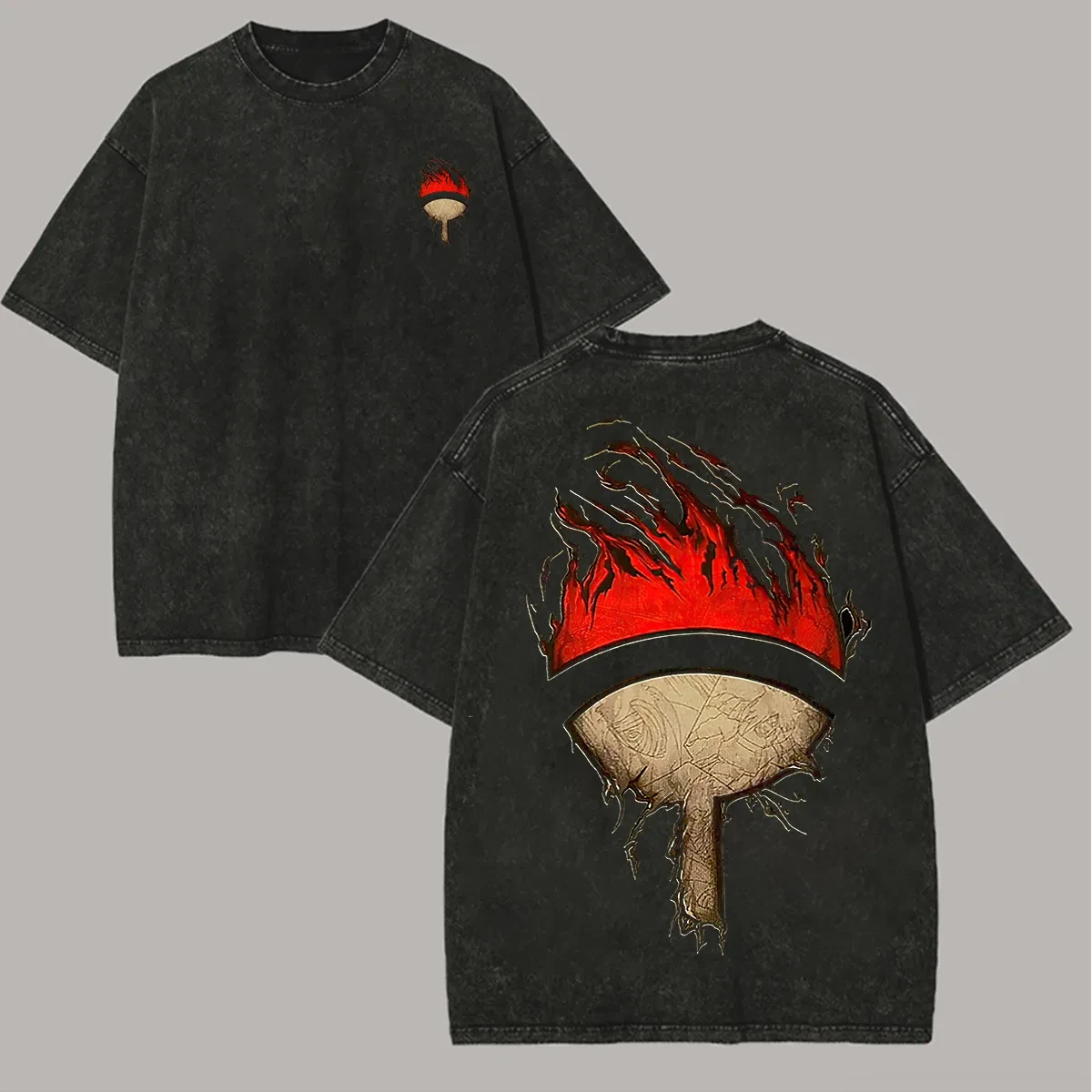 Uchiha Clan Sharingan Fire Vintage Acid Wash Oversized Retro Anime T-Shirt