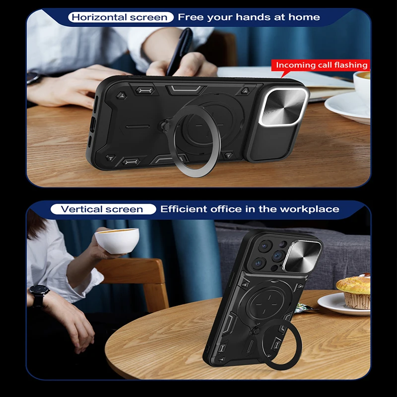 Slide Camera Shockproof Armor Case with Ring Holder and Magnetic Back Cover