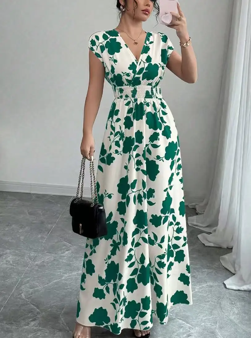 Summer Women's V-neck Dress Short-sleeved High-waisted Plant Print Simple Fashion Holiday Casual Long Dress for Female