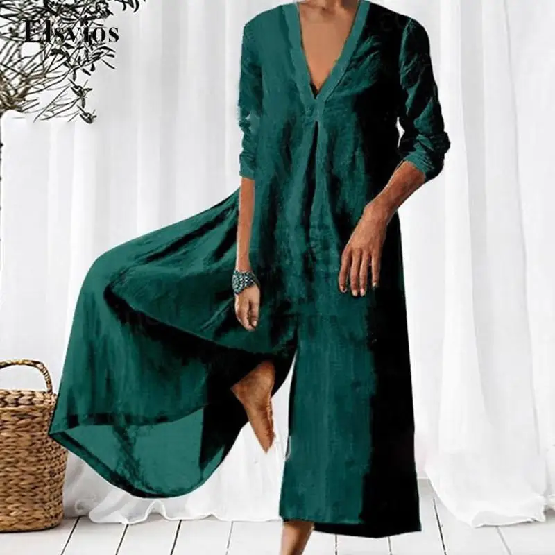 

Women Loose Casual Jumpsuit Cotton Linen V Neck 3/4 Sleeve Female Romper Vintage Fashion Solid Loose Wide Leg Playsuit Overalls