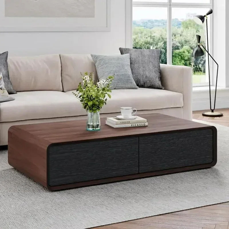 Walnut Black Modern 51" Rectangular Coffee Table, Wood Coffee Table with Storage, 4 Solid Wood Drawers, Fully-Assembled