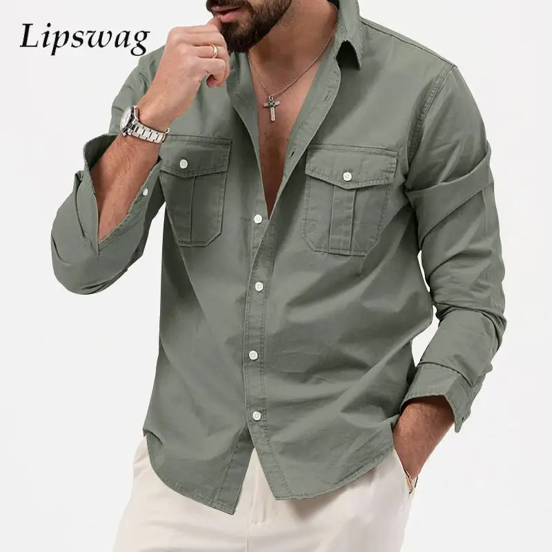 

Classic Vintage Jacket Coat Men Fall Fashion Solid Color Cargo Shirts Outerwear Mens Clothes Casual Buttoned Lapel Jackets Male