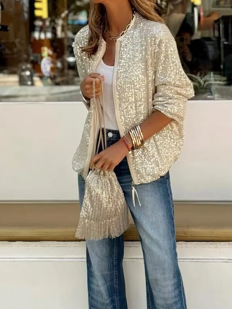 Women Spring Summer 2024 Short Outerwear, Long Sleeve Fashion Sequins Loungewear Jackets, O-Neck Zipper Ladies Coats Streetwear