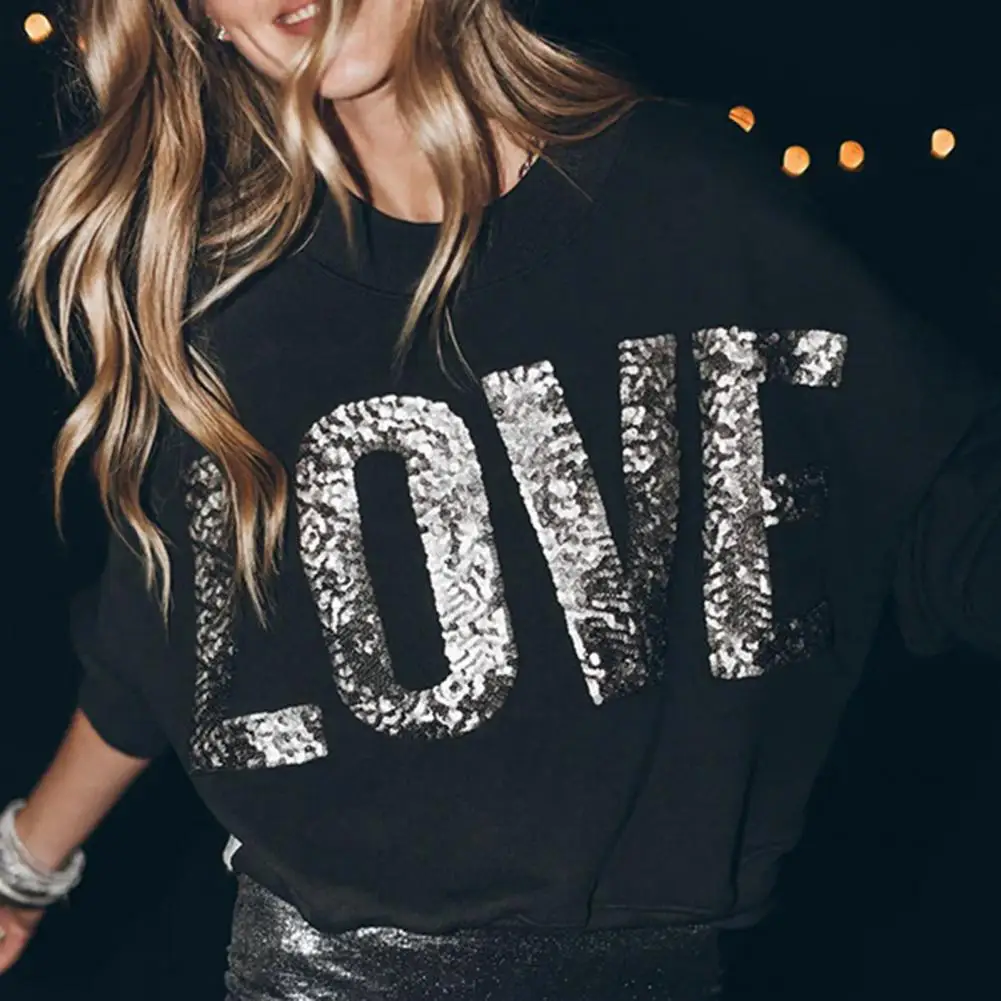 

Loose Style Spring Top Sequin Decor Bat Sleeve O Neck Blouse Loose Long Pullover T-shirt for Women Fall Spring Soft Lady Top Bat