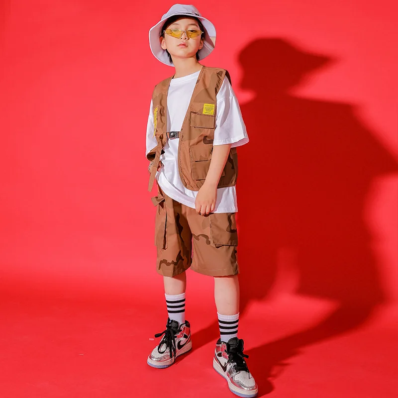Fashion Kids Jazz Dance Costumes Loose Vest Camouflage Shorts Suit Girls Ballroom Hip Hop Dance Performance Clothing DQS11964