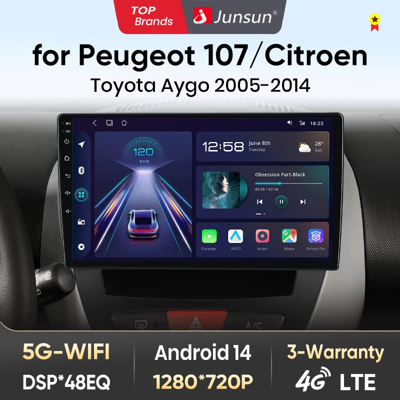 Radio para coche Junsun para Peugeot 107, Toyota Aygo, Citroen 2005-2014, CarPlay inalámbrico, sistemas inteligentes Android Auto, pantalla táctil IPS, DSP, navegación GPS, WiFi, DAB+, RDS, FM/RAM, BT, SWC, Plug and Play, 2DIN, WiFi, 4G, estéreo multimedia 1