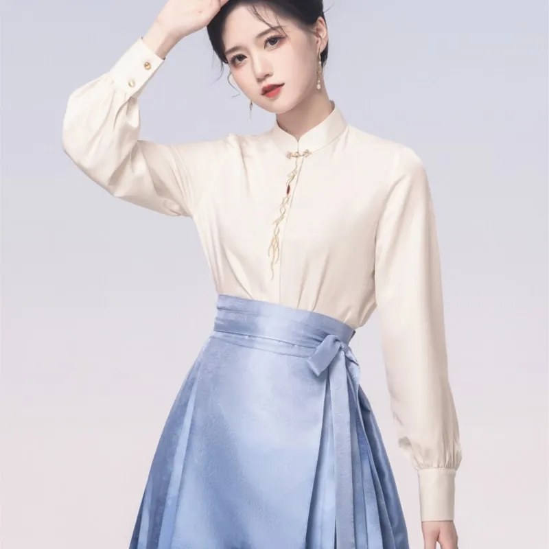 

2024 Hanfu Top Horse Face Skirt Top Clothes New Chinese Style National White Shirt Women's Daily Commuting Top Presale 15 Days