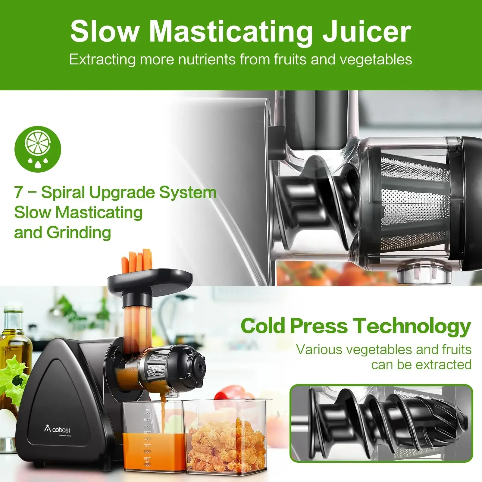 Juicer Machine, Aobosi Slow Masticating Juicer, Cold Press Juicer Machines with Reverse Function, Quiet Motor, High Juice Yield