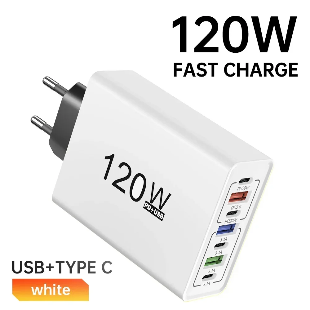 USB C Phone Charger 120W Multi Ports Fast Charging Type C Wall Charger Adapter For iPhone 15 16 Samsung Xiaomi Huawei EU/US Plug