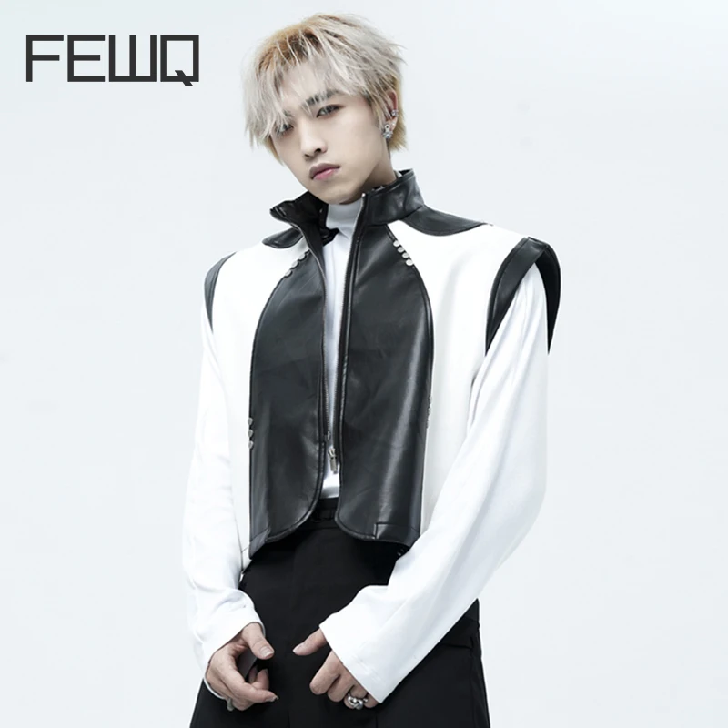 

FEWQ Contrast Color Stitching Jacket Men New Niche Button Design Casual Short PU Leather 2023 Zipper Shoulder Pad Male Tops