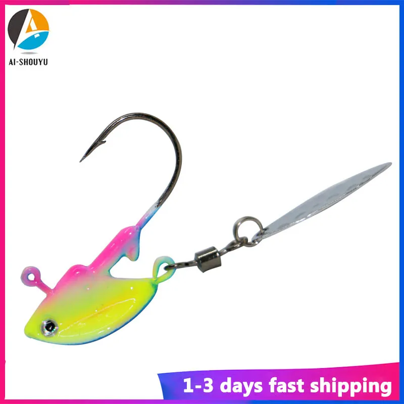 

AI-SHOUYU NEW Jig Lead Head Fishing Hook with Spinner Spoon 3.5g 7g 10g 14g Exposed Barbed Hook for Soft Lure Jigging Hook