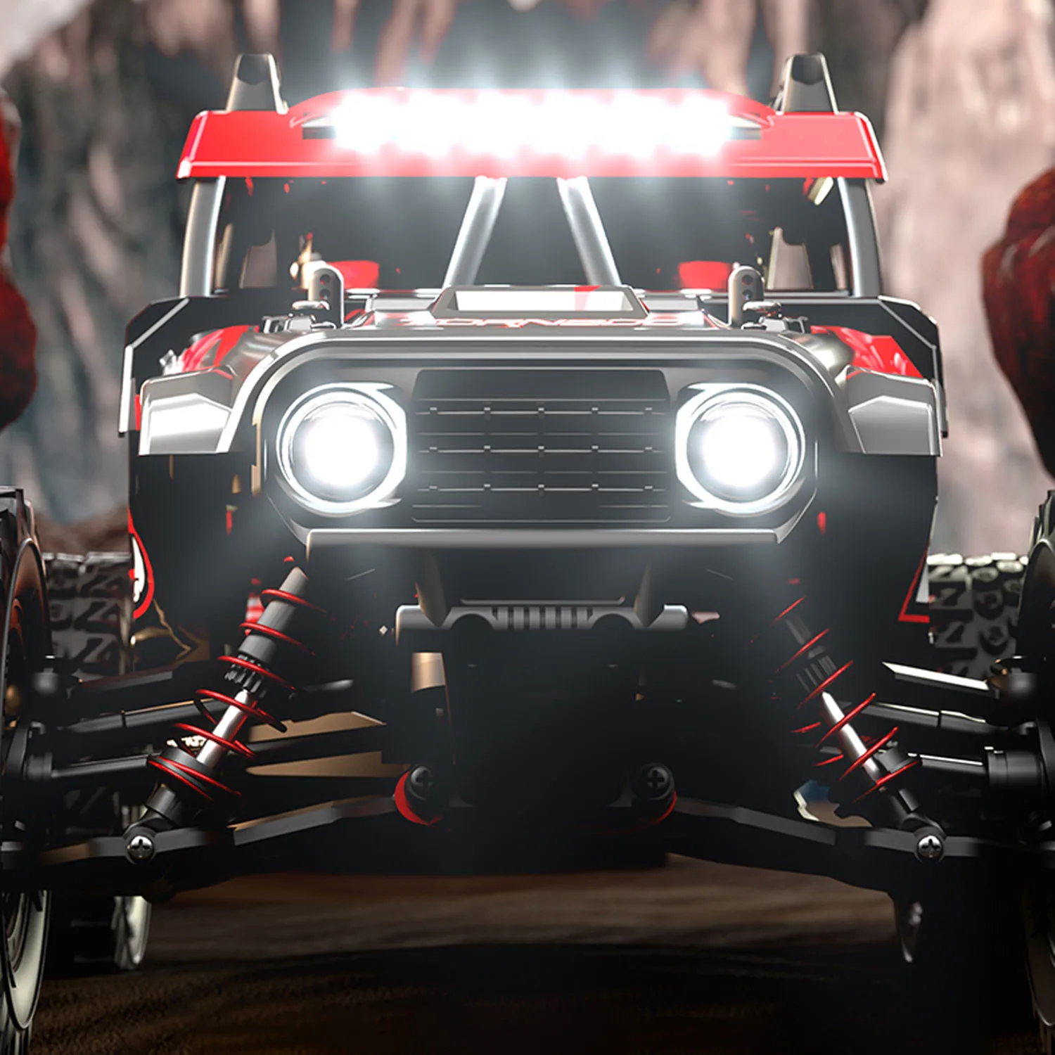 Dessous du châssis robuste de la voiture RC 48 km/h 1/14 4x4 JJRC C8805 montrant la suspension.