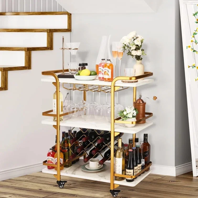 MDF and Metal Golden Living Room Mini Beverage Car Restaurant Side Cabinet Beauty Trolley Bar Cart Trolley