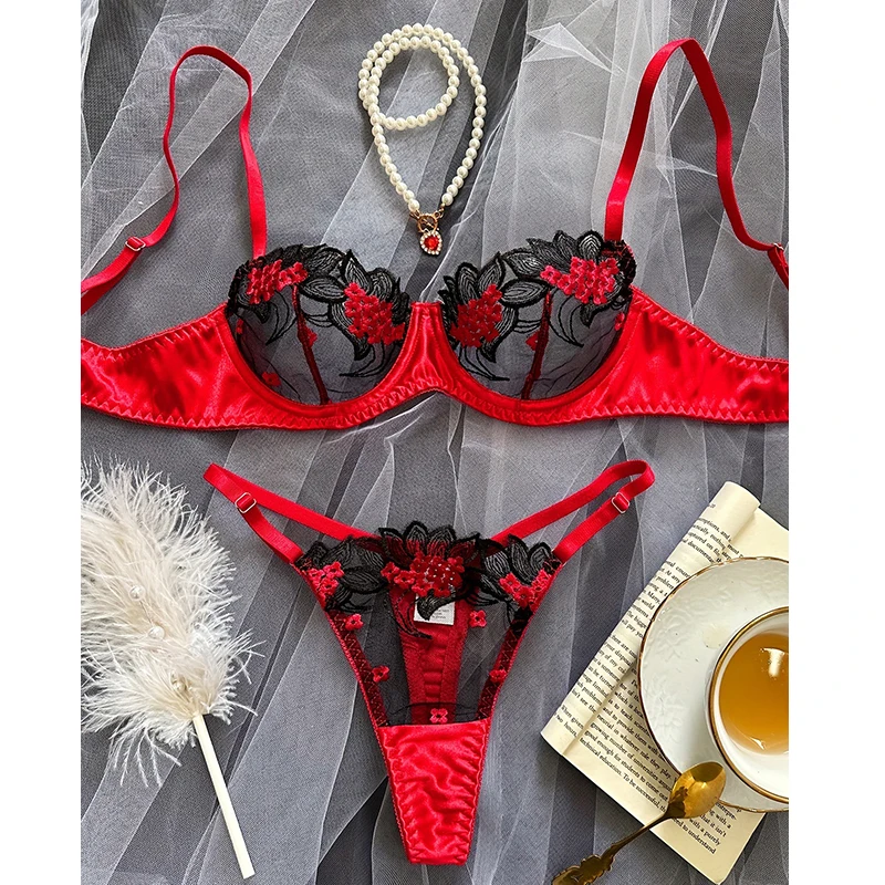 

New Women's Lingerie Floral Embroidery Bra Set Luxury Fancy Underwear Sexy Mesh See Through Lingerie Set Fairy Intimate Outfits