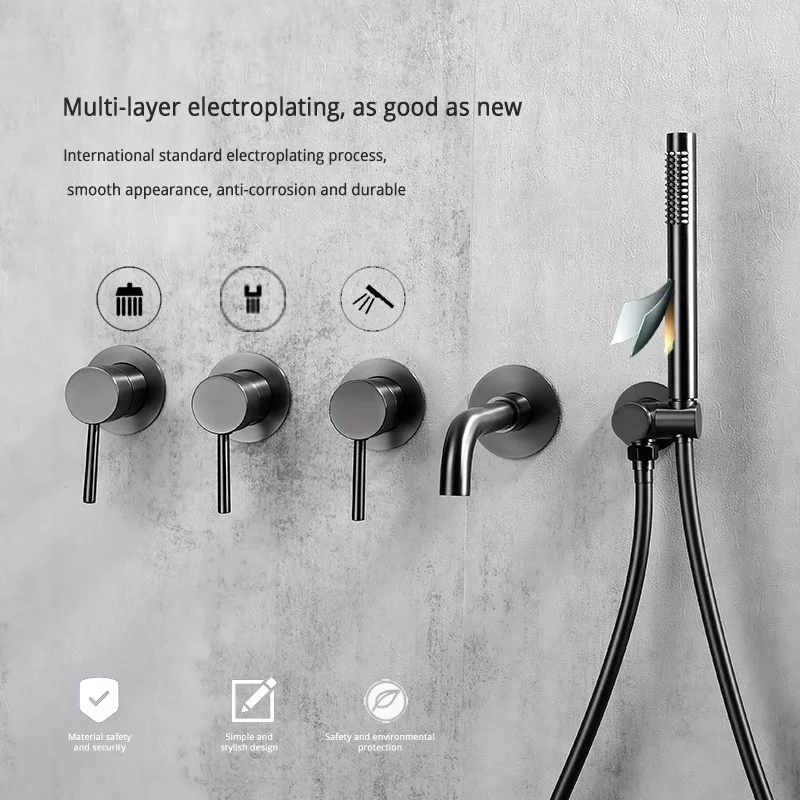 Gunmetal Shower Faucet Set Bathtub Mixer Tap Wall Mount Rainfall Head Kit Solid Brass With Bath Spout 150/210/260MM Handshower For Shower Head,Shower Set