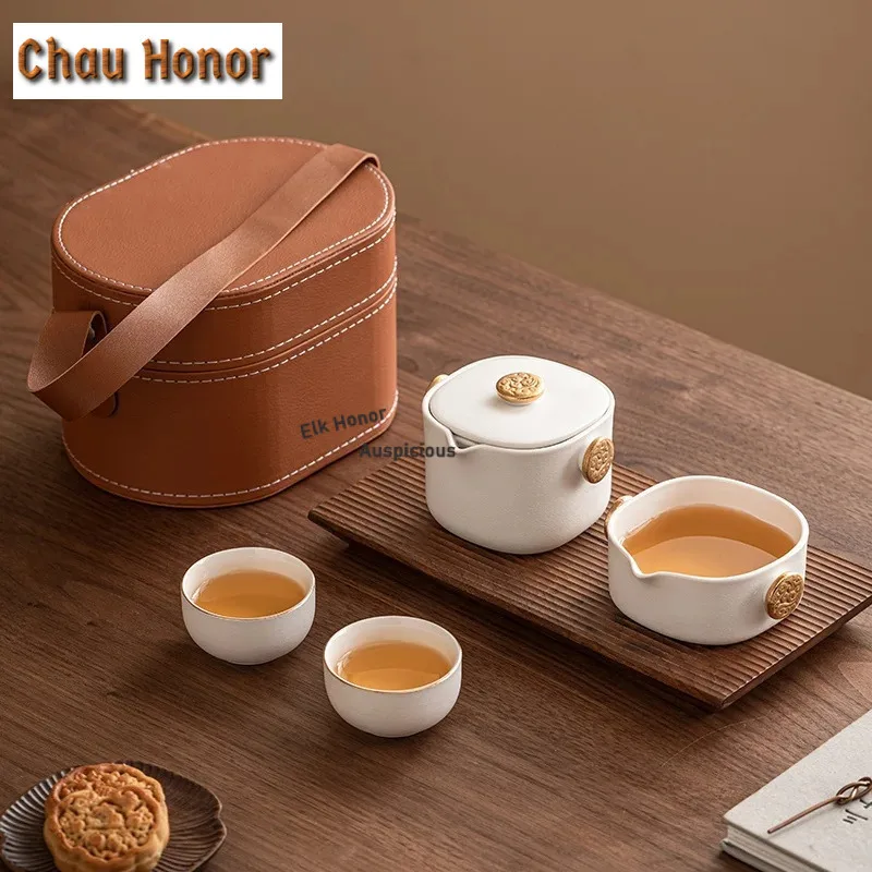 High-end Square Round Tea Set Kit Aesthetic 1 Pot 2 Cups Household Tea Maker Travel Tea Set Camping Handbag Tableware Craft