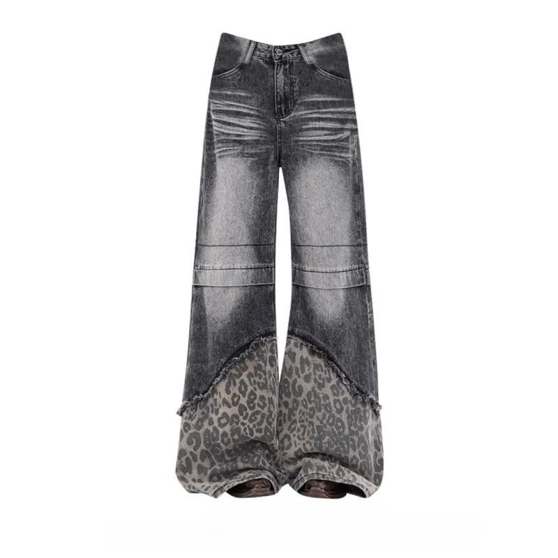 Deeptown Y2k Vintage Patchwork Leopard Women Jeans Harajuku