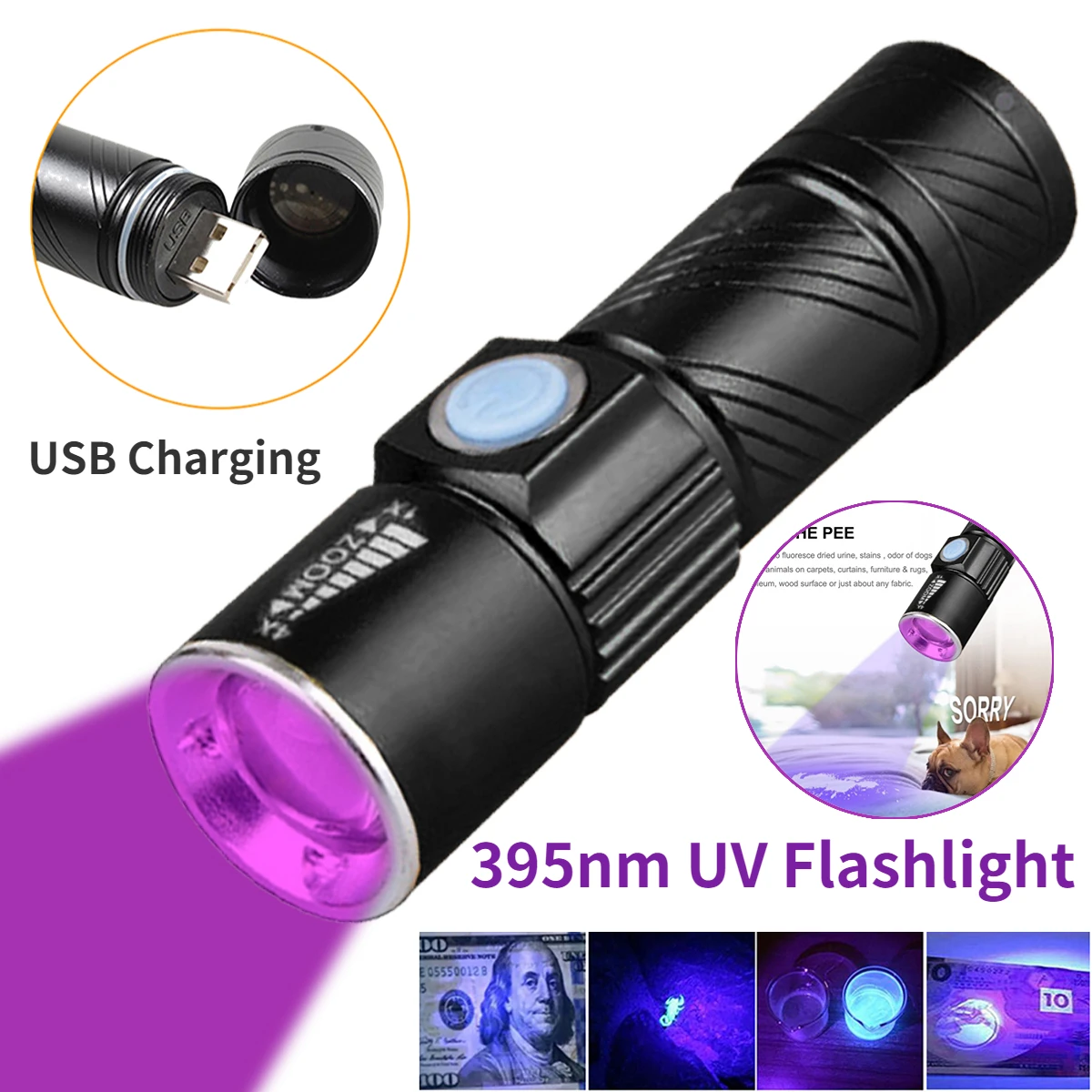 Powerful Usb Rechargeable Ultraviolet Flashlight 395nm Uv Lamp Usb