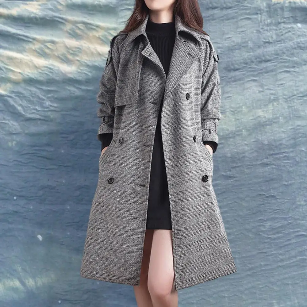 

Женское шерстяное пальто с отложным воротником, двубортное пальто средней длины с принтом в клетку, длинным рукавом и поясом, верхняя одежда на осень-зиму