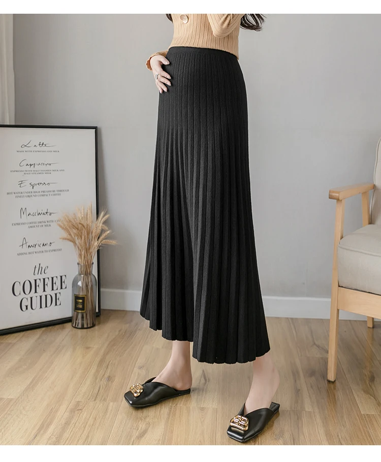 Winter Plus Size Pregnant Women Knitting Pleated Skirts High Waist Large Hem Maternity Belly Skirt Pregnancy Empired Skirts