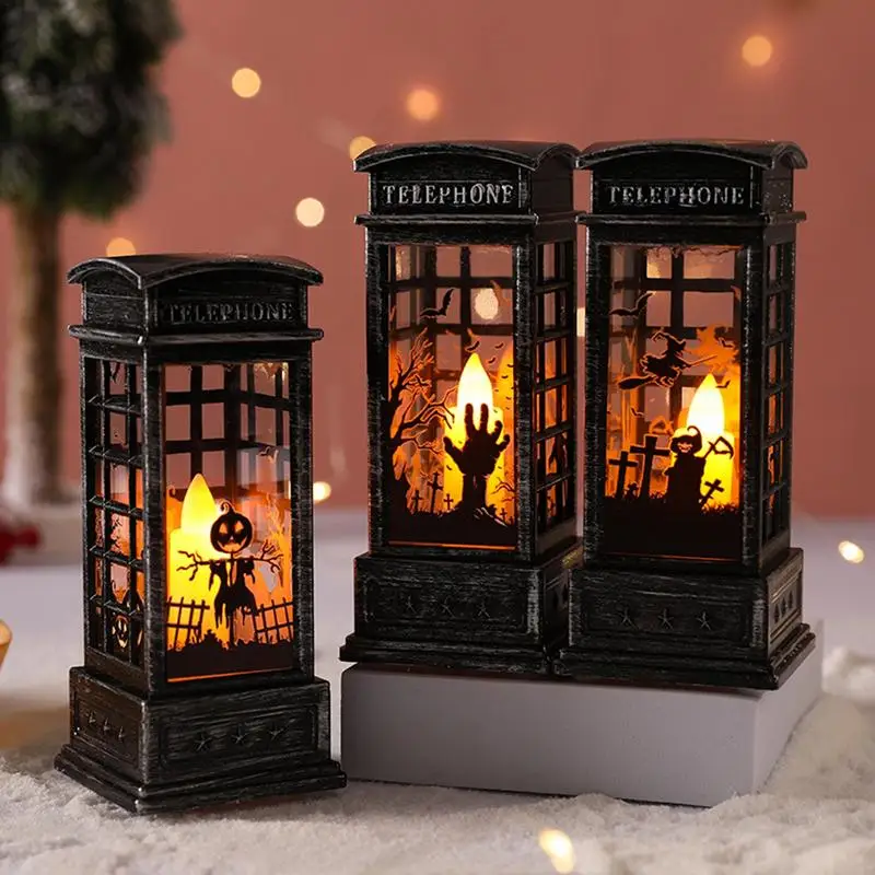 Red Vintage Luminous Christmas Phone Booth Lantern Christmas Tree Snowman Santa Claus Figurine In Telephone Booth