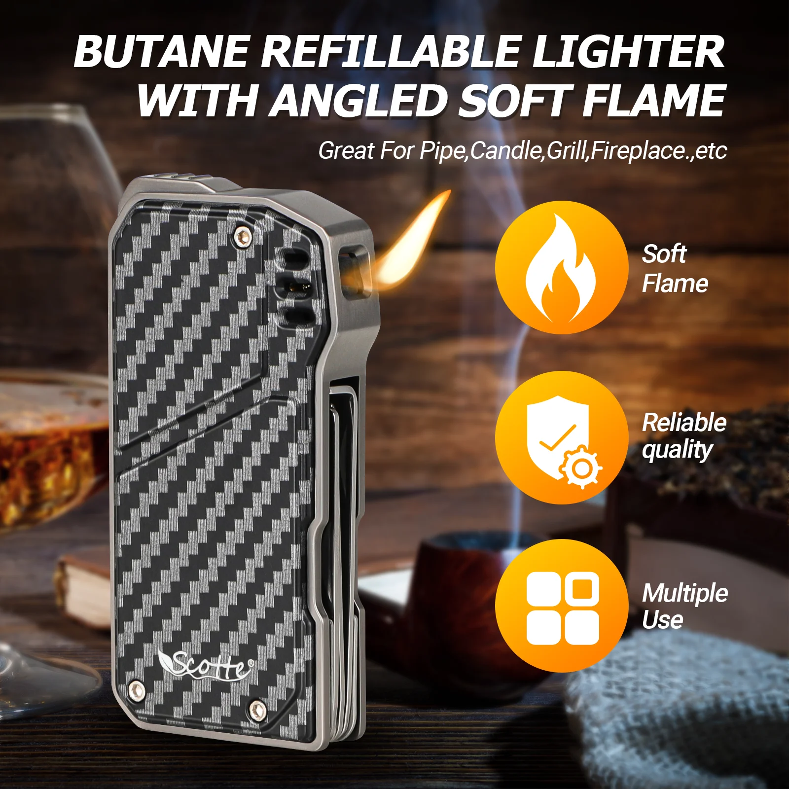 Scotte Cigar Lighter Refillable Butane With 3 Pipe Cleaner Tools