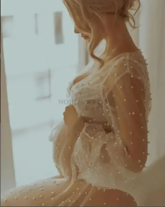 Pearl Long Sleeve Wedding Jacket Tulle Party Shawl BOLERO Floor-Length Bridal Cape Sexy pearl robe Customized