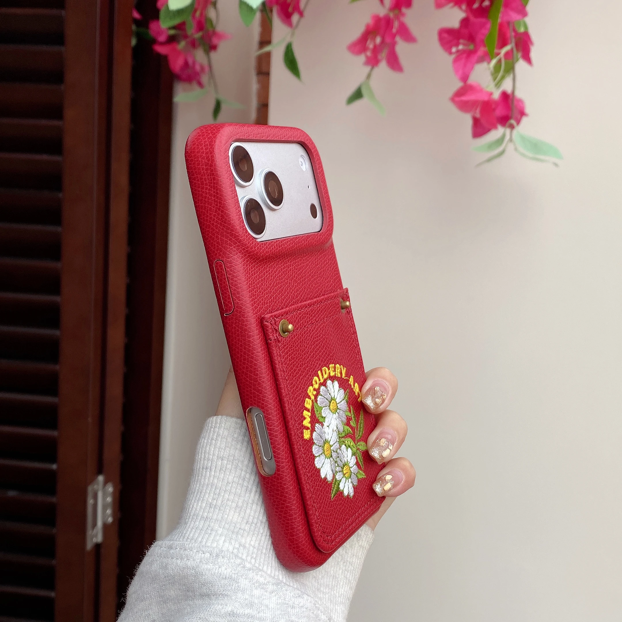 PU Leather Phone Case with Card Pocket and Embroidery - Simple Half-Wrapped Shockproof Design