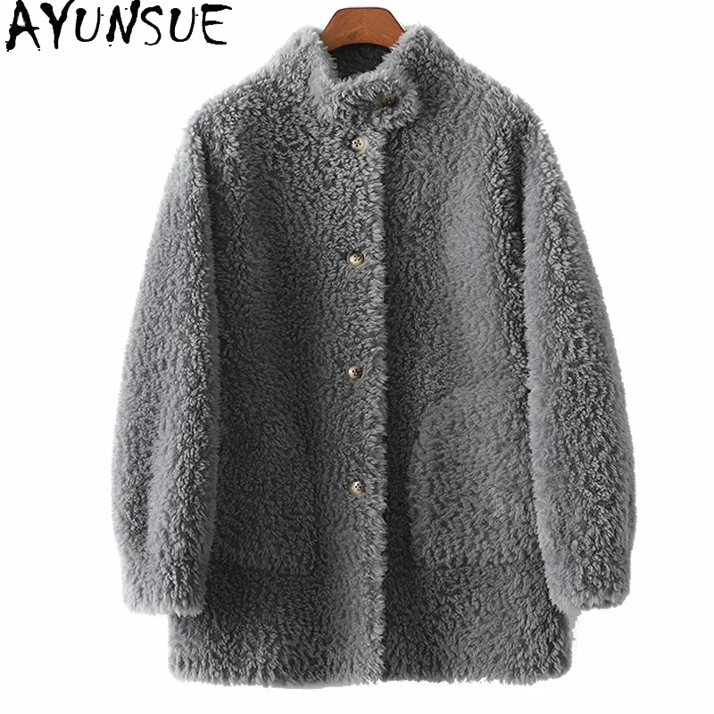 

100% AYUNSUE Wool Coats for Women 2024 Autumn Winter Elegant Mid-length Sheep Shearing Jacket Standing Collar Roupas Femininas