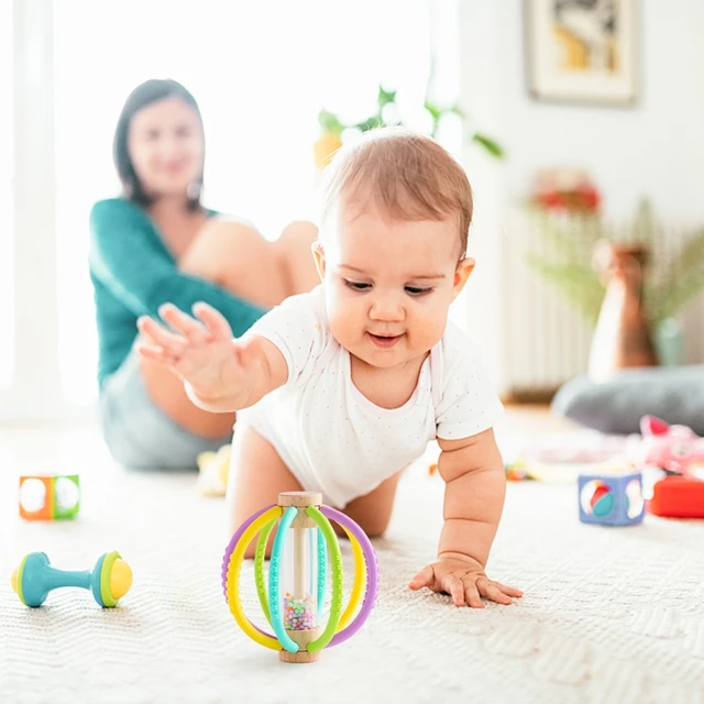Hochet Sensoriel en Bois pour Bébé, Tambour de Pluie en Silicone, Soins Dentaires pour Nouveau-Né, Gomme Anti-manger, Main Molaire, Bâton Cadeau 5
