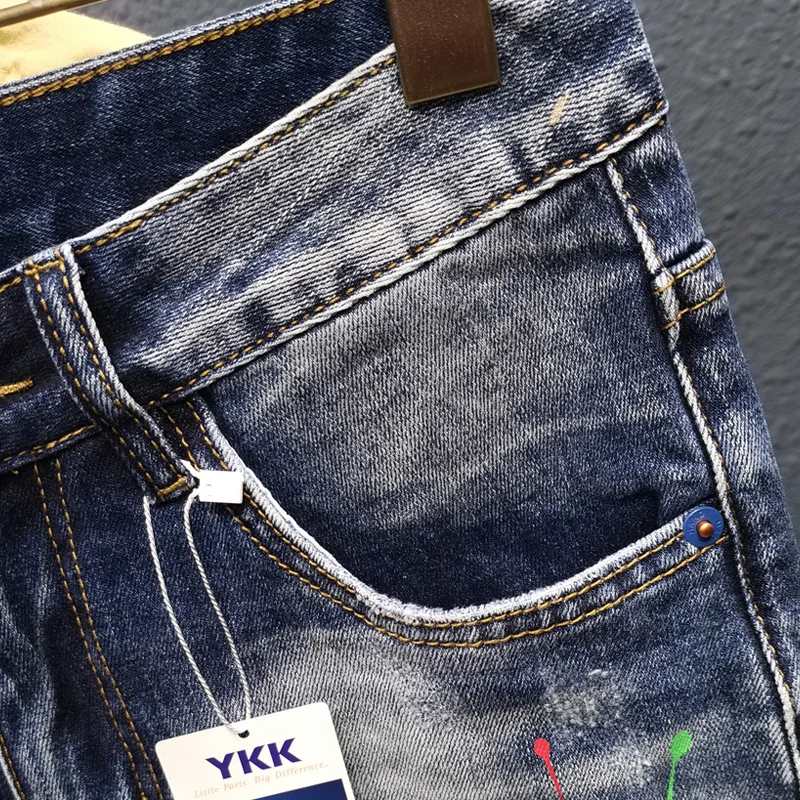 Men Graffiti Jeans Fashion Spray Paint Ripped Hole Personality Hiphop Streetwear Slim Youth Denim Trousers