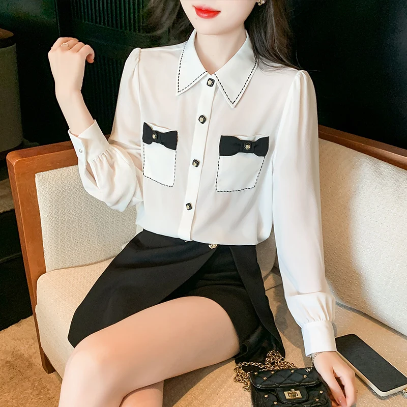 

Новая летняя рубашка женская блузка шифоновая с длинными рукавами с лацканами и карманами с бантом корейская мода