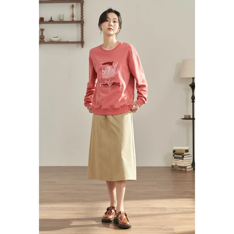 INMAN Women Sweatshirts 2023 Autumn Long Sleeves Round Neck Loose Hoodies Contrasting Embroidery Casual All-match Red Tops