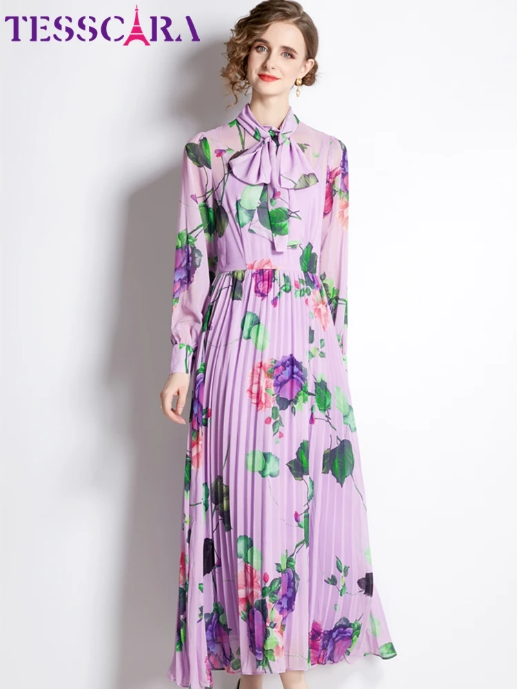 TESSCARA Vestido largo plisado de gasa para mujer, Vestido largo de ...