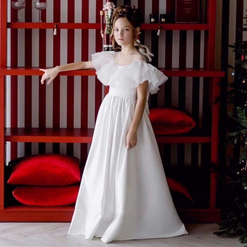 

O-neck Satin Ruffles Flower Girl Dress for Wedding A-lien Bow Belt Princess First Communion Gown Sleeveless Christmas Gown 2024